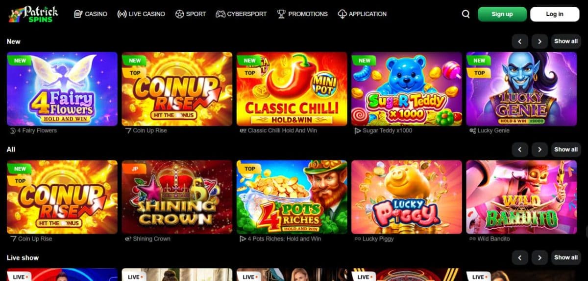 Patrick Spins Casino — Online Slots, Jackpots & Live Dealer Tables image 1